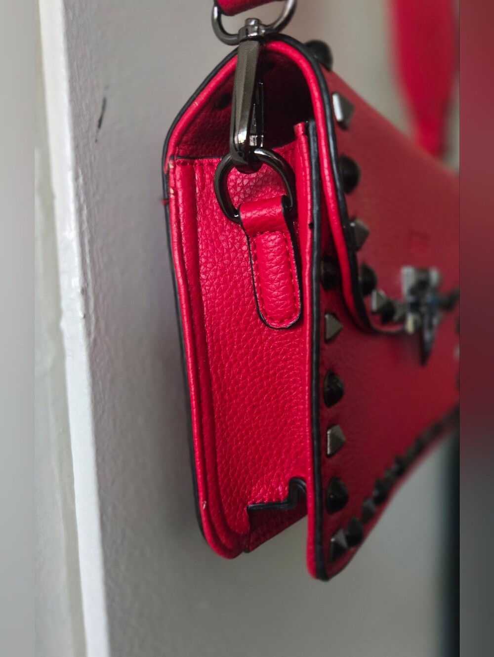 MERSI's coveted Ruby Red Studded Crossbody Bag with Multicolor Geo Strap - Picture 3 of 8